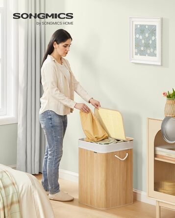 Кошик для білизни SONGMICS 95 л з кришкою, бамбук, з ручками, складний, знімний мішок, придатний для прання, для ванної кімнати, натуральний колір