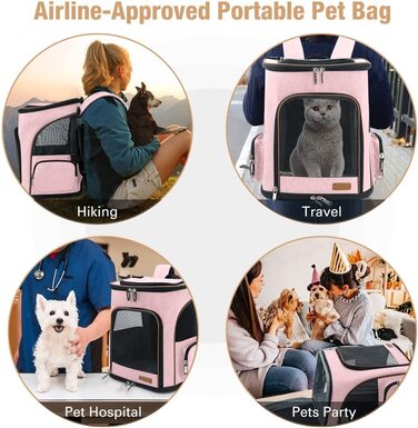Розширюваний рюкзак для кішок Рюкзак для собак для кішок і маленьких собак, складаний рюкзак для домашніх тварин є внутрішній страхувальний трос і 2 килимка для домашніх тварин, (XL, рожевий)