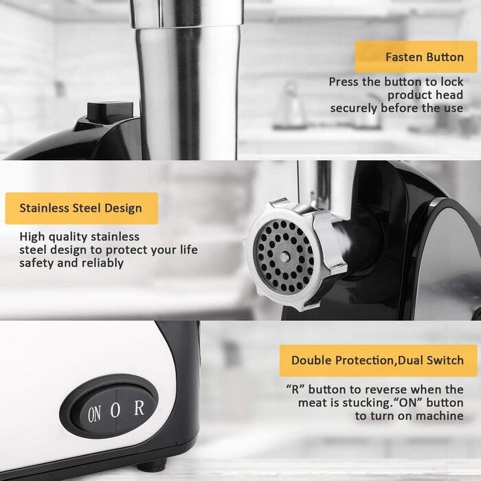 Електрична м'ясорубка з нержавіючої сталі з 3-ма дисками, ножем та насадкою для кубиків, ETL-сертифікат, 2000 Вт, чорний