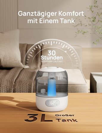 Зволожувач повітря Dreo для спальні, ультразвуковий холодний туман, 30 годин роботи, 3л резервуар, датчик вологості, нічник для дітей, кімнатних рослин та дому (Сірий)
