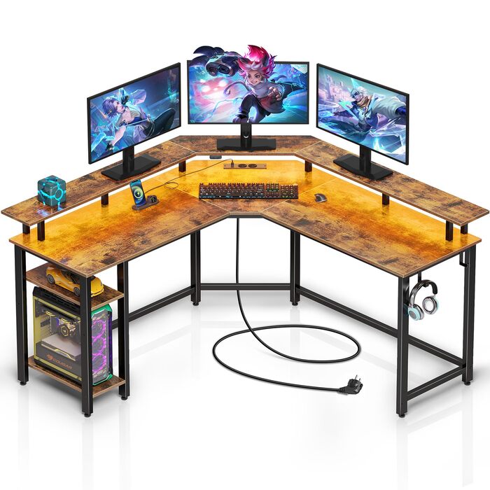 Кутовий стіл Rolanstar з RGB-підсвіткою та розетками, 135 см, для комп'ютера з підставкою для монітора та полицею, реверсивний, з 2 гачками, для спальні/офісу, вінтажний коричневий, 134,5 x 134,5 x 86,2 см