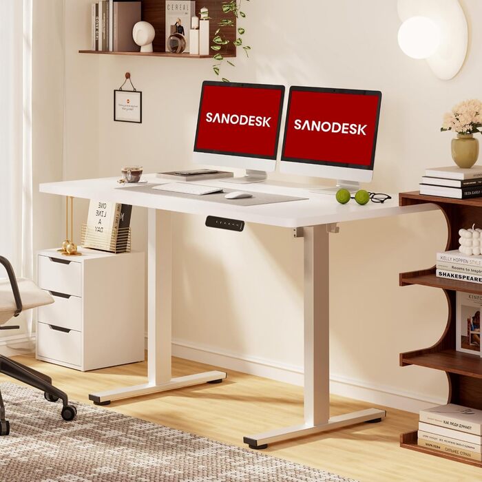 Регульований стіл Sanodesk 110x60 см з суцільною стільницею – компактний стоячий стіл для маленьких приміщень, ергономічний та стильний, білий