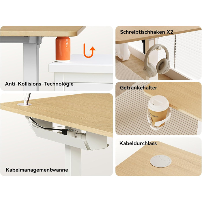 Електричний кутовий стіл WALKINGDESK 190 x 150 см з регулюванням висоти, для офісу, дому, геймінгу, з кабелеуправлінням, колір дуб