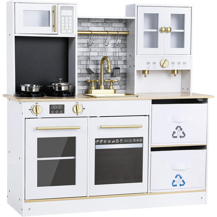 Дерев'яна дитяча кухня MAMIZO з підсвіткою та звуком, 90x30x90 см, з аксесуарами та 2 ящиками для зберігання, іграшка для дітей від 3 років, білий колір