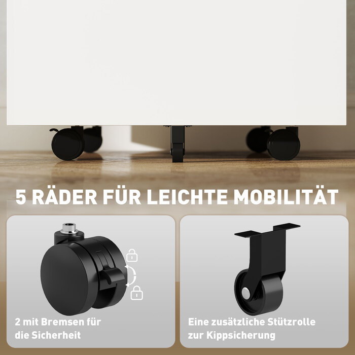 Мобільний контейнер для документів, шафа для паперів, перегородка, централізований замок, сталевий корпус, 5 коліс, білий колір, розміри 39 x 48 x 67 см