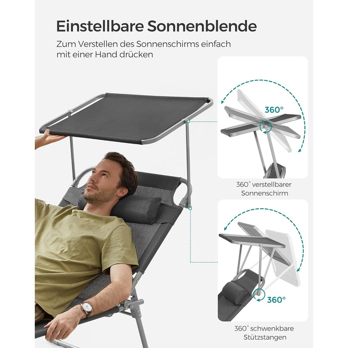 Лежак для відпочинку SONGMICS - великий, складаний, з сонцезахисною козирком та регульованою спинкою, 200 x 71 x 38 см, вантажопідйомність 150 кг, для саду, басейну, тераси, темно-сірий