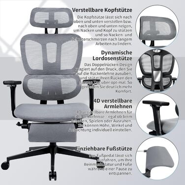 Ергономічне крісло для офісу з підніжкою, висока спинка, 2D-підголівник, відкидні підлокітники, сидіння з губки, сітчастий офісний крісло, крісло для керівника, комп'ютерне крісло для дорослих (сірий)