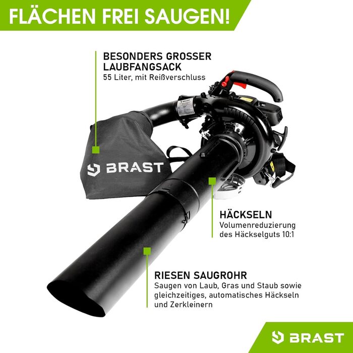 Бензиновий збирач листя BRST® Laubsauger Laubbläser 1,0kW (1,36PS) з мішком 55L, 2 насадки, ремінь та антивібраційний руків'я | 4в1 | Швидкість потоку 73 м/с
