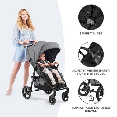 Дитяча коляска Kinderkraft Grande Plus, сіра, від народження до 22 кг, складається однією рукою, регульована спинка, великий капюшон з віконцем, амортизація всіх коліс
