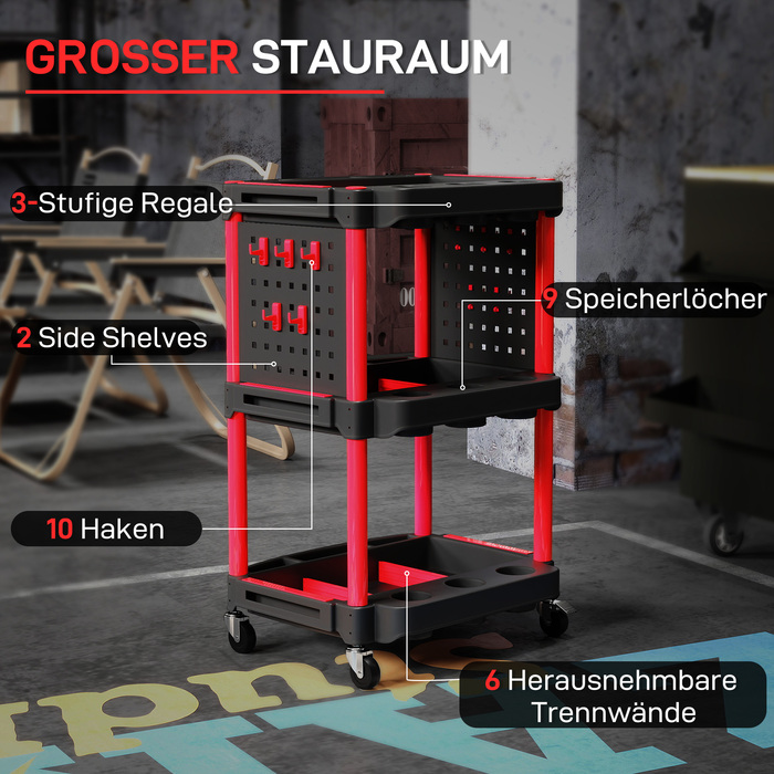 Ящик для інструментів з трирівневими полицями, 4 колеса, пластик, 10 гачків, червоний