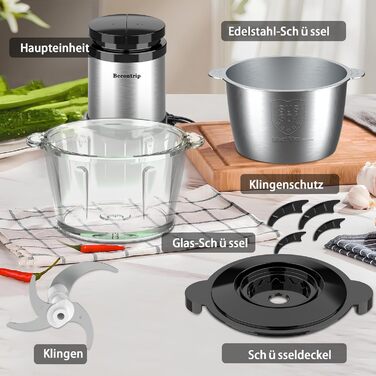 Електричний подрібнювач для кухні [500W] з нержавіючою сталлю, 2L чаша (скло+нержавіюча сталь) – кухонний комбайн для дитячого харчування, м'яса, овочів, цибулі (мідний двигун)