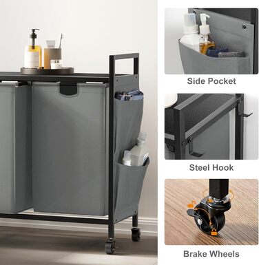 WOWLIVE Кошик для білизни з кришкою та колесами, сірий, 110л. З верхньою полицею та 2 знімними мішками для сортування