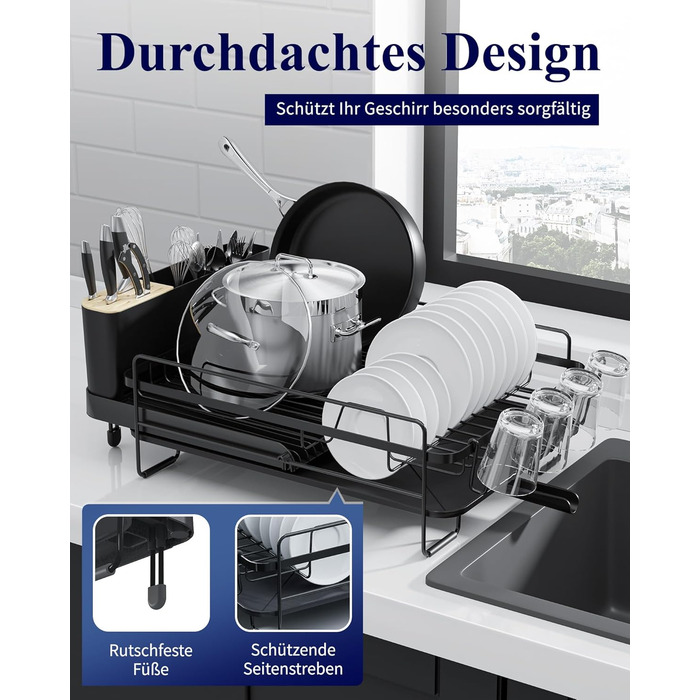 Сушилка для посуду Kitsure, висувна, багатофункціональна, з місцем для столових приборів, 67.8 x 32.7 x 14.9 см, чорна