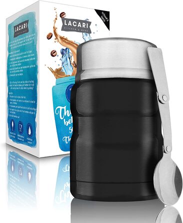 Термальний контейнер LACARI для їжі в / Термос з нержавіючої сталі Контейнер для підігріву їжі Ланч-бокс і мюслі на винос / Коробка для їжі без BPA в комплекті ложка і сумка для перенесення (чорний, 500 мл)