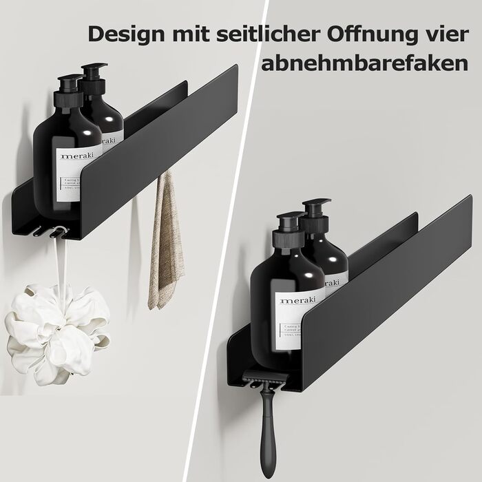 Поличка для душу Rekita без свердління, органайзер для ванної кімнати 40/60 см, нержавіюча сталь, 4 знімні гачки, тримач для шампуню, навісна поличка, полиця для ванної (Чорний)