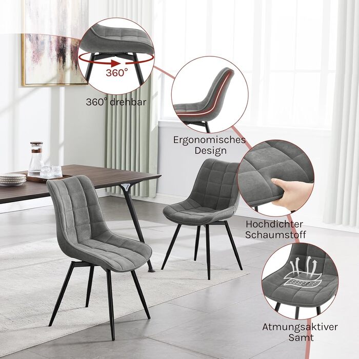 Крісла для їдальні WOLTU, набір 2 шт., обертаються, для кухні, вітальні, з м'яким сидінням з велюру, металеві ніжки, темно-сірий