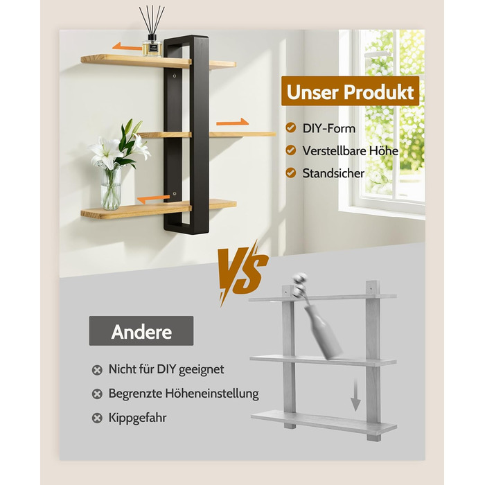 Полиця настінна дерев'яна SUMGAR, плаваюча, 3-ярусна, 50x58 см, чорно-дерев'яна, для вітальні, спальні