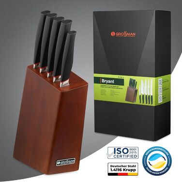Набір кухонних ножів Grossman Bryant Messerblock 5-piece – набір з 5 ножів з нержавіючої сталі, чорні ручки, підставка з дерева, колір мідно-коричневий, антиковзне покриття