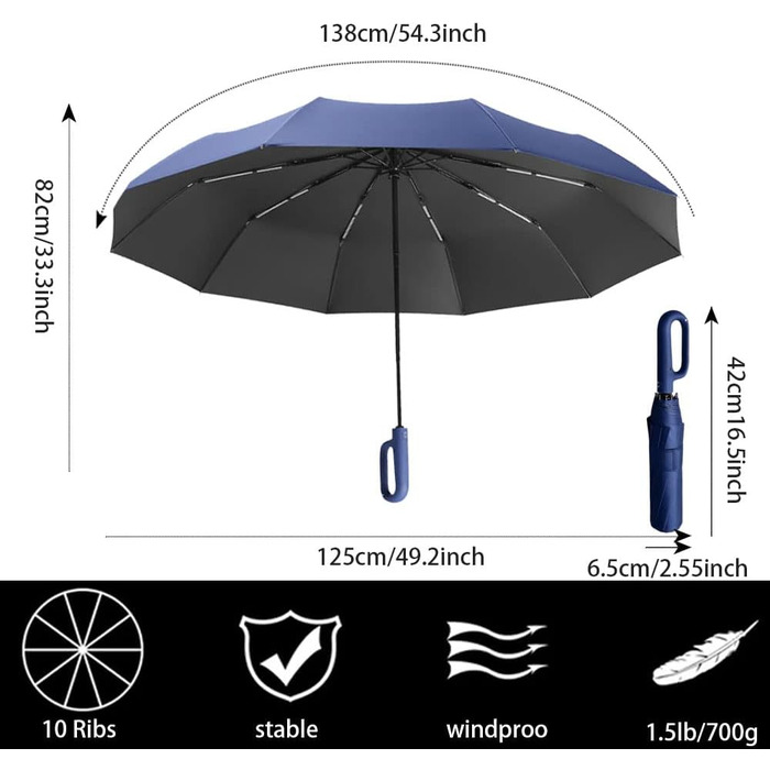 Складна парасолька Bifrost від Erised Stormproof 140 км/год, захист від ультрафіолету, автоматичний, темно-синій, 137 см