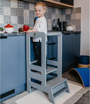 MEOWBABY Лесенка-підставка для навчання (Montessori) – регульована висота, для дітей від 1 року – безпечна, дерев'яна, сірий колір з дощечкою