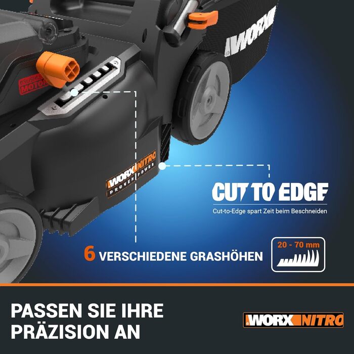 WORX WG737E акумуляторний газонокосарка Nitro 40V (2x20V) - безщітковий двигун, ширина зрізу 37 см, 6 рівнів висоти зрізу (20-70 мм), 40л травозбірник, 2x4Ah акумулятори та подвійний зарядний пристрій, без приводного колеса