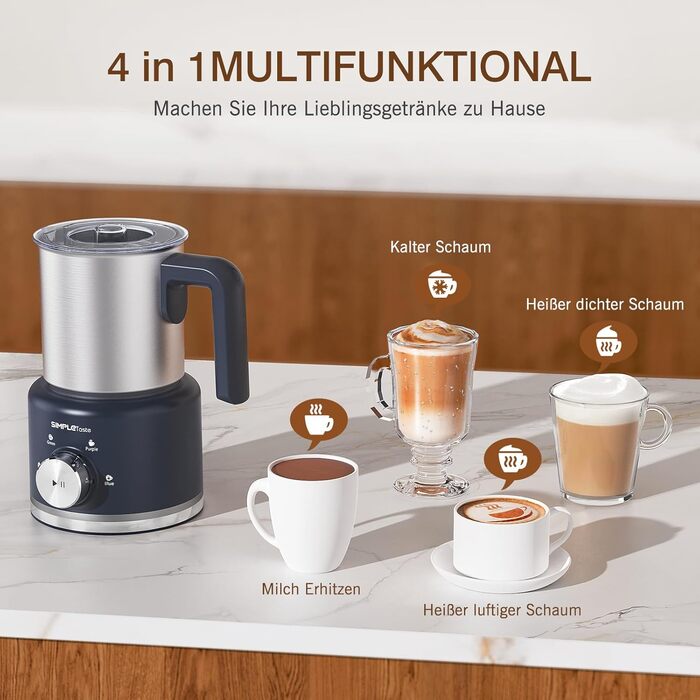 Електричний спінювач молока SIMPLETASTE 4-в-1: гарячий та холодний пінок, нагрів молока, какао, антипригарне покриття, автовимкнення, тиха робота, BPA-free, для капучіно та лате, темно-синій (безпечно мити в посудомийній машині та з запасним вінчиком)