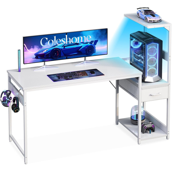 Ігровий стіл Coleshome з LED-підсвічуванням 120x48 см, з шухлядами та полицею, регульований, з тримачем для навушників