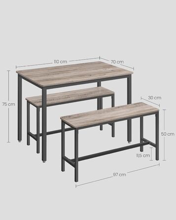 Набір обідніх столів VASAGLE, 3 шт. и, вінтажний коричневий чорнило чорний, стіл 70x110x75 см, лавки 30x97x50 см