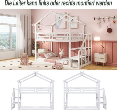 Ліжко-горище Merax 90x200 см, дитяче ліжко-будиночок, дерев'яне двоярусне ліжко із захистом від випадання та рейковим каркасом, універсальне дитяче ліжко з дахом та кутовими сходами, ігрове ліжко для хлопчиків та дівчаток, (90 x 200 см, біле 2-стороннє лі