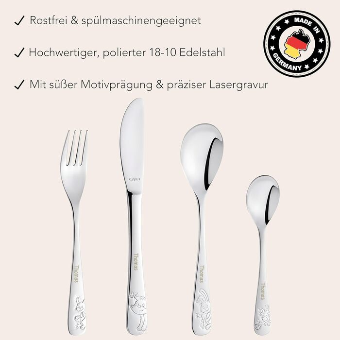 Дитячий набір столових приборів Kinderbesteck з гравіюванням імені, від 3 років, персоналізований, подарунок на хрещення, день народження, дитячий посуд, ферма (Друзі лісу)