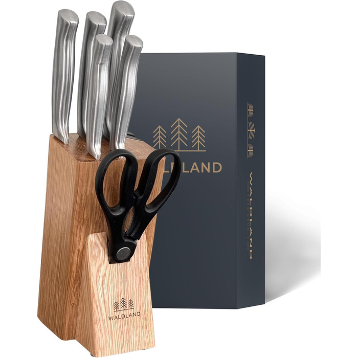 Набір ножів WALDLAND Premium: 7 предметів з бруском для точіння | Набір кухонних ножів з міцного дуба | Преміум якість