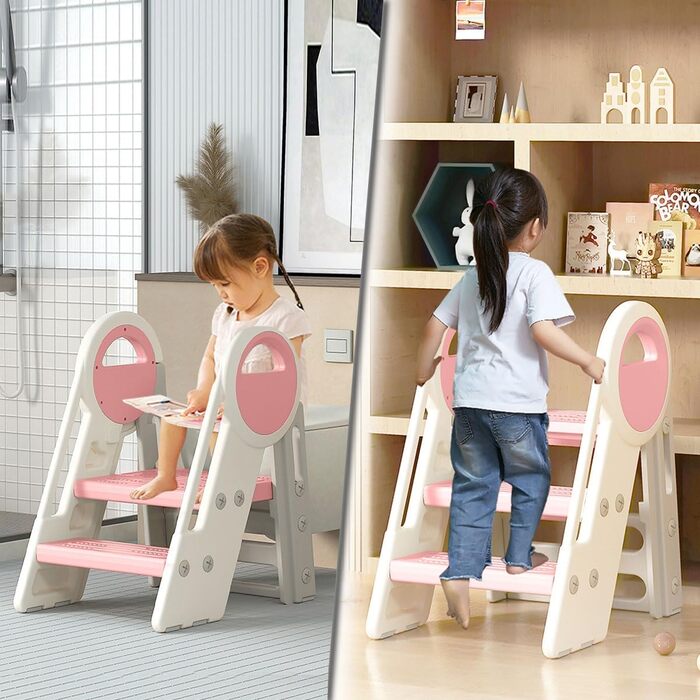 Дитячий табурет-сходилка 2-3 сходинки, регульована висота, складана, для ванної, дитячої кімнати, кухні (рожевий + білий)