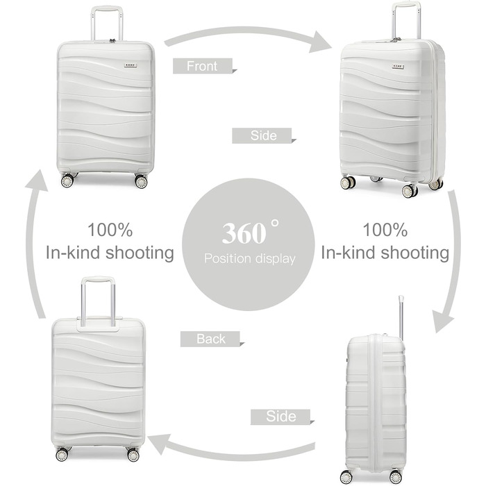 Валіза-тележка KONO, велика, легка, з жорстким корпусом, TSA-замок, 4 колеса (біла, XL)
