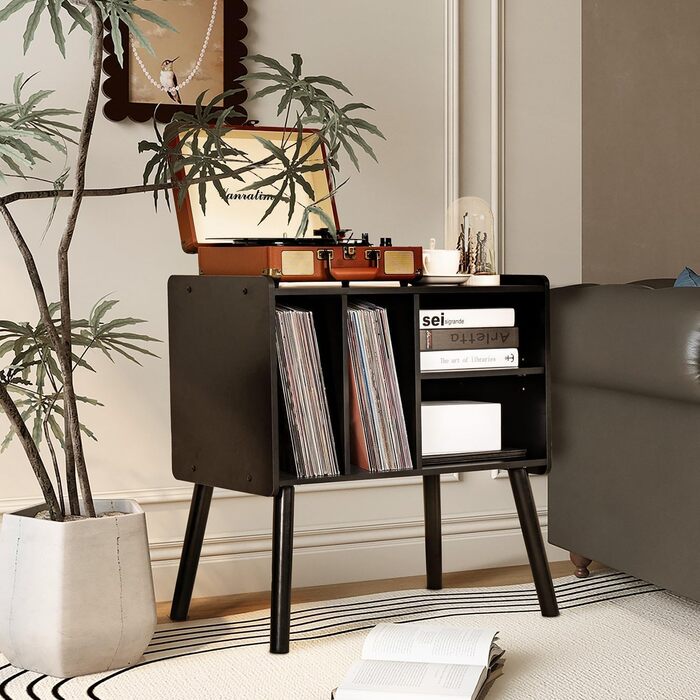 Стіл для програвача вінілу, стійка для програвача середини століття з місцем для зберігання до 150+ платівок, шафа для платівок з регульованими полицями, чорний