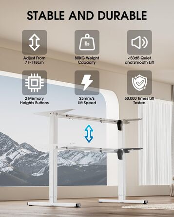 Електричний стіл з регулюванням висоти та кабельною ванною, з потужним мотором, контролером пам'яті та функцією захисту від зіткнень (білий)