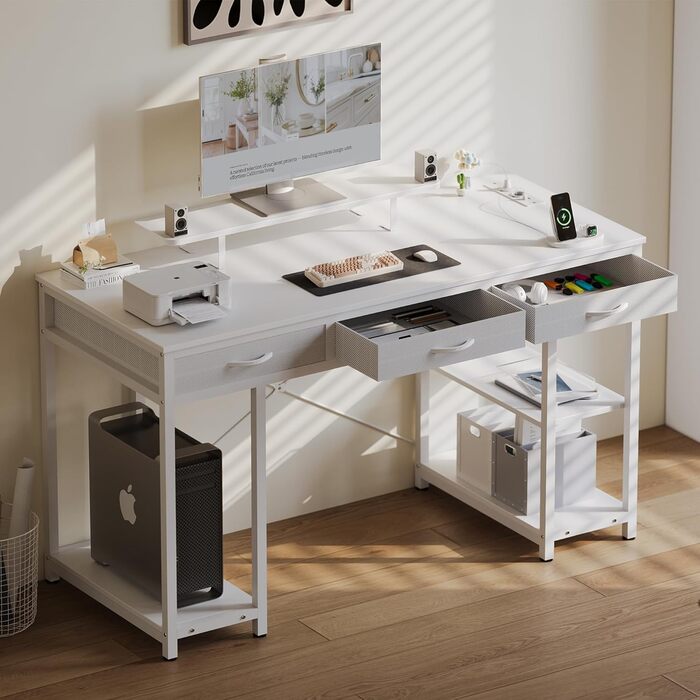 Комп'ютерний стіл Claiks з 3 шухлядами, 120 x 60 см, з полицею, 2 розетки та 2 USB-порти, для офісу та дому, білий