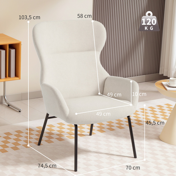 Елегантне крісло з м'якою оббивкою в стилі 'Кошенята', з високою спинкою, товстим шаром наповнювача та сталевими ніжками, кольору кремово-білого.