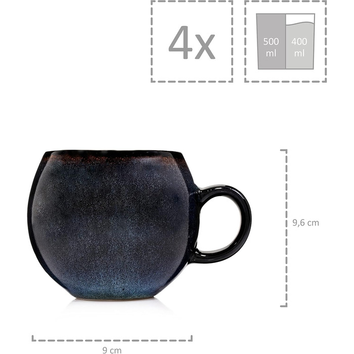 Набір кавових чашок Sänger Tokio 8 шт., чашки для капучино 4 шт., набір чашок з блюдцями, 80 мл, кераміка, блакитно-чорний колір з коричневими акцентами, PREMIUM COLLECTION