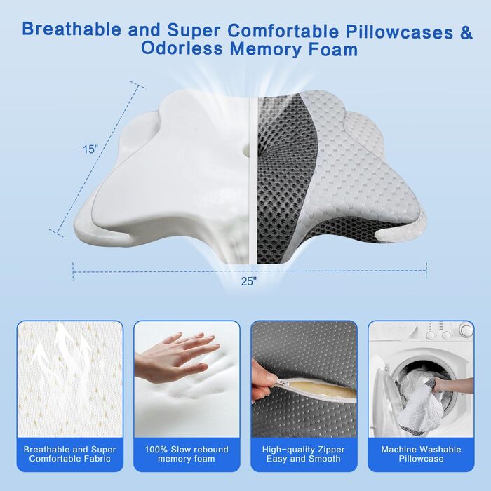Ортопедична подушка для шиї з Memory Foam, регульована, ергономічна, для комфортного сну, без запаху, контурна, для сну на боці
