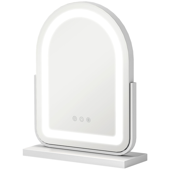 Дзеркало для макіяжу HOMCOM, 33 x 44,5 см, з LED-підсвічуванням, 3 колірні режими, 360° обертання, дзеркало для макіяжу з сенсорним керуванням, металевий каркас, біле | Aosom