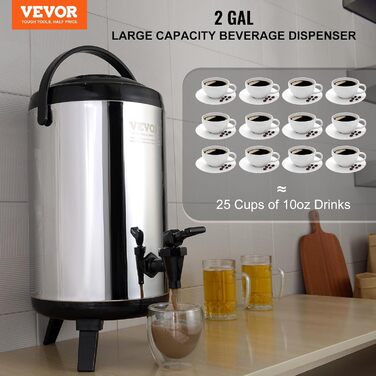 Диспенсер для гарячих та холодних напоїв VEVOR 17.2 л, нержавіюча сталь. Диспенсер для води, кави, молока, соку. Ізотермос 7.6 л