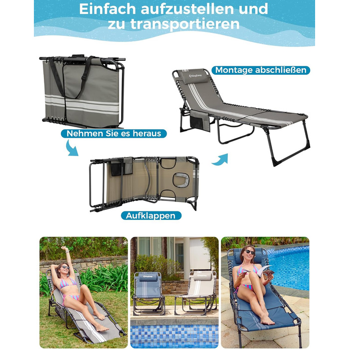 Шезлонг KingCamp великого розміру, розкладний, 5 положень, для саду, відпочинку, кемпінгу, з подушкою та кишенею, до 200 кг, 200 x 68 см, сірий