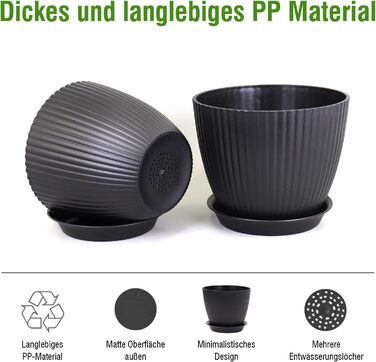 Набір горщиків для квітів з підставкою (8 шт.) 19/17.5/16.5/16/14/13/11.5/10 см, пластик, чорний, для дому та балкону