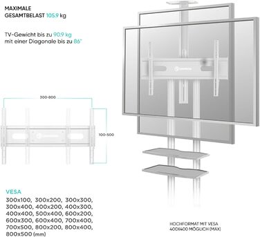 Мобільна тумба під телевізор ONKRON 50-86 дюймів, 105 кг, регульована по висоті, VESA max 800x500, біла TS1881-W