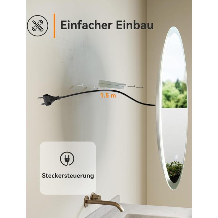 Дзеркало для ванної кімнати HOROW круглої форми з підсвічуванням, 80 см, LED, регулювання кольору світла (холодне, тепле, нейтральне), диммування, антизапар, без рами, IP44, енергозберігаюче (60x60 см)