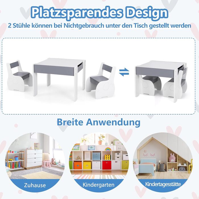 Детский стол со стульями COSTWAY 3 в 1, деревянная мебель для детей 3+, светло-серый, со съемной столешницей и местом для хранения