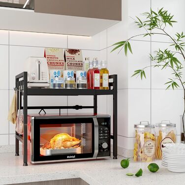 Регульована підставка для мікрохвильової печі, 2-рівнева розширювана, з вуглецевої сталі, з 8 гачками, чорна