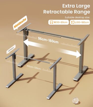 Електричний регульований стіл MAIDeSITe T1 Pro (Сірий) з 4 пам'яттю висоти та потужним мотором