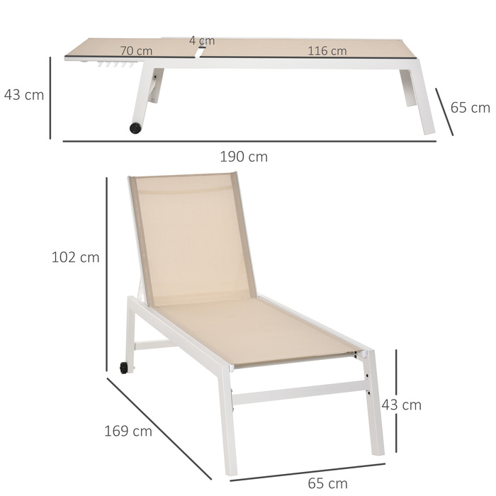Outsunny Garden Lounger з 5-ярусною спинкою Алюмінієвий кремово-білий 169x65x102см для саду, балкона, тераси