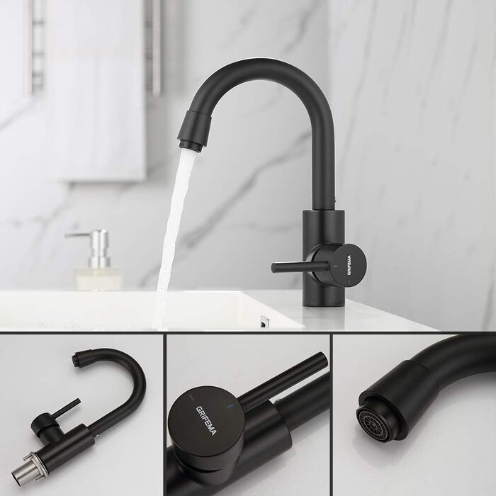 Змішувач для ванної кімнати GRIFEMA - поворотний на 360°, одноlever, нержавіюча сталь, 180 мм, гаряча та холодна вода, економія води, проста установка, з'єднання 3/8″, для гостьового туалету, G1002A (Чорний)